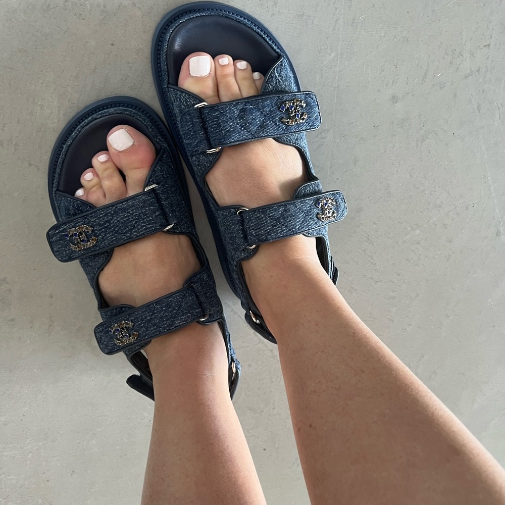Denim Chanel sandals with ankle strap